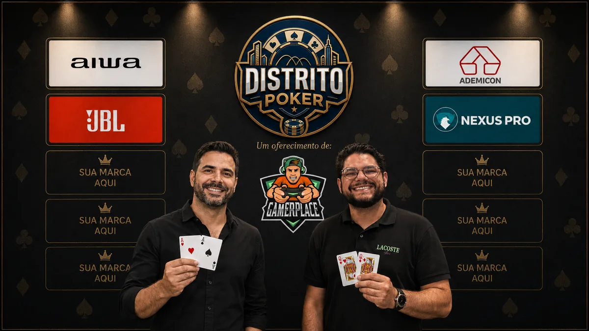 Logotipo do Distrito Poker no backdrop oficial de eventos e jogos VIP